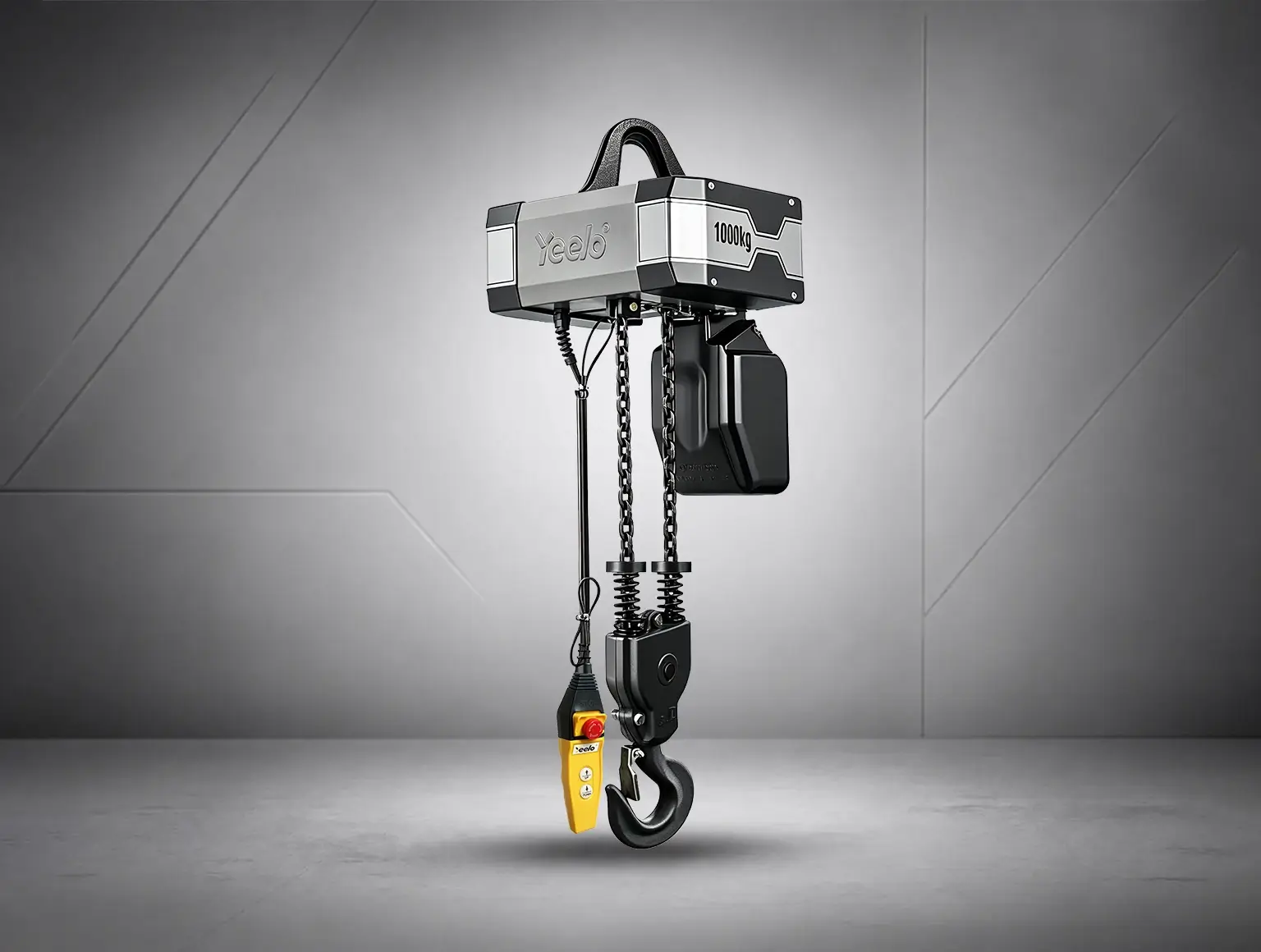 YEELO 1 ton double chain electric hoist menu display with G80 manganese steel chain