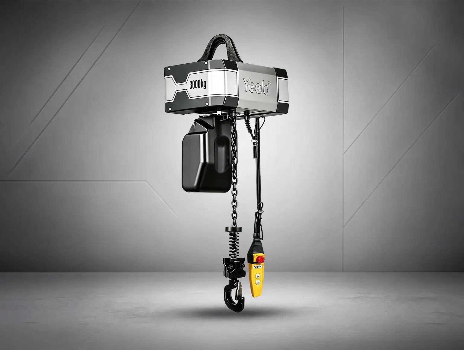 YEELO 3 ton single chain electric hoist navigation picture showing G80 manganese steel chain