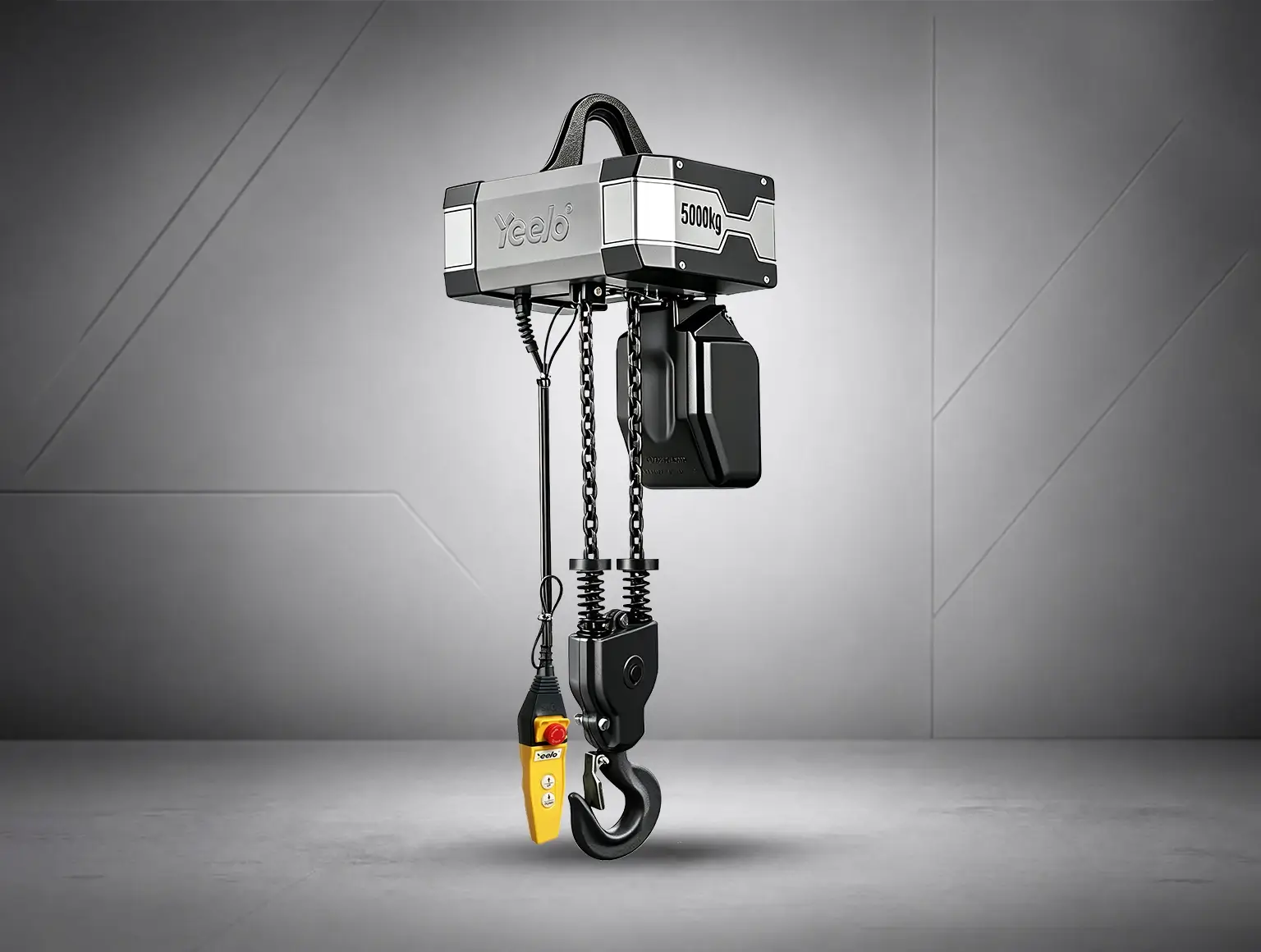 YEELO 5 ton double chain electric hoist mega menu image featuring G80 manganese steel chain