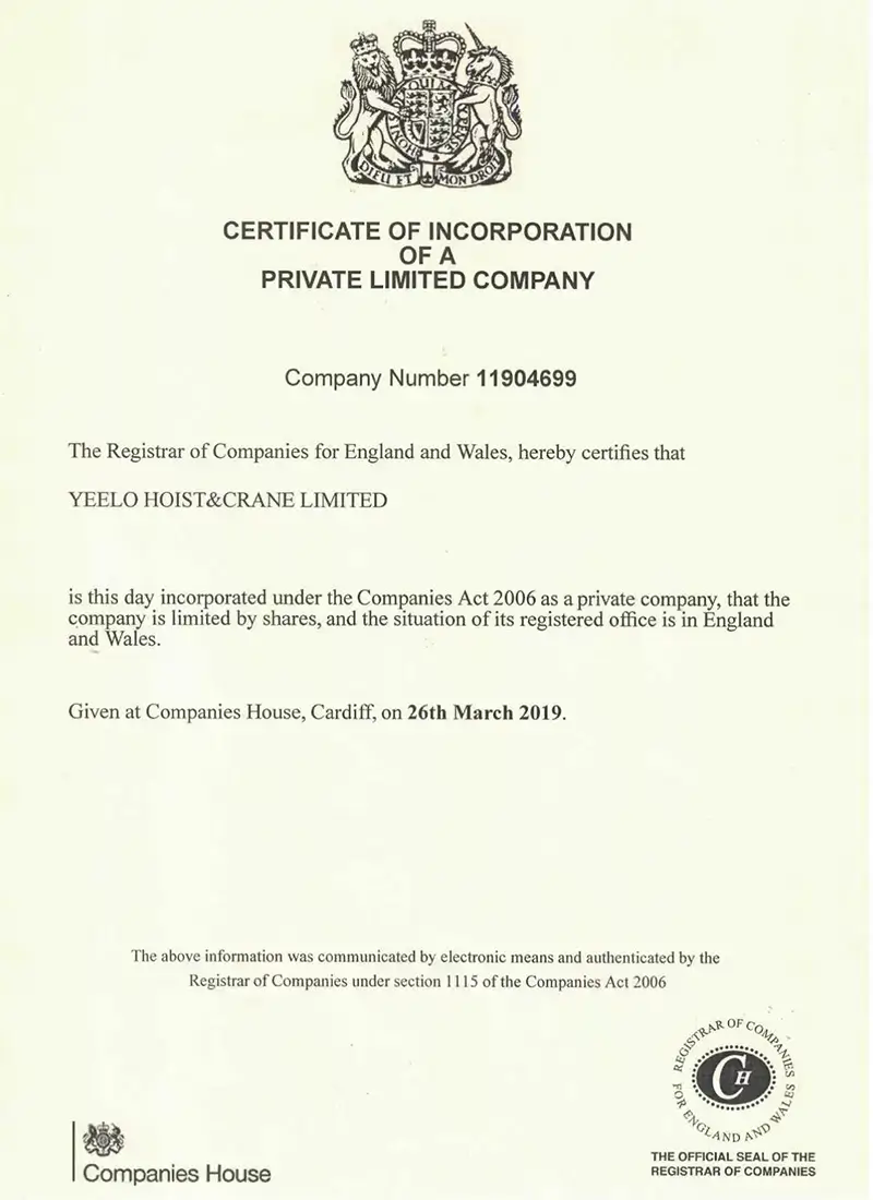 yeelo hoist crane uk registration certificate