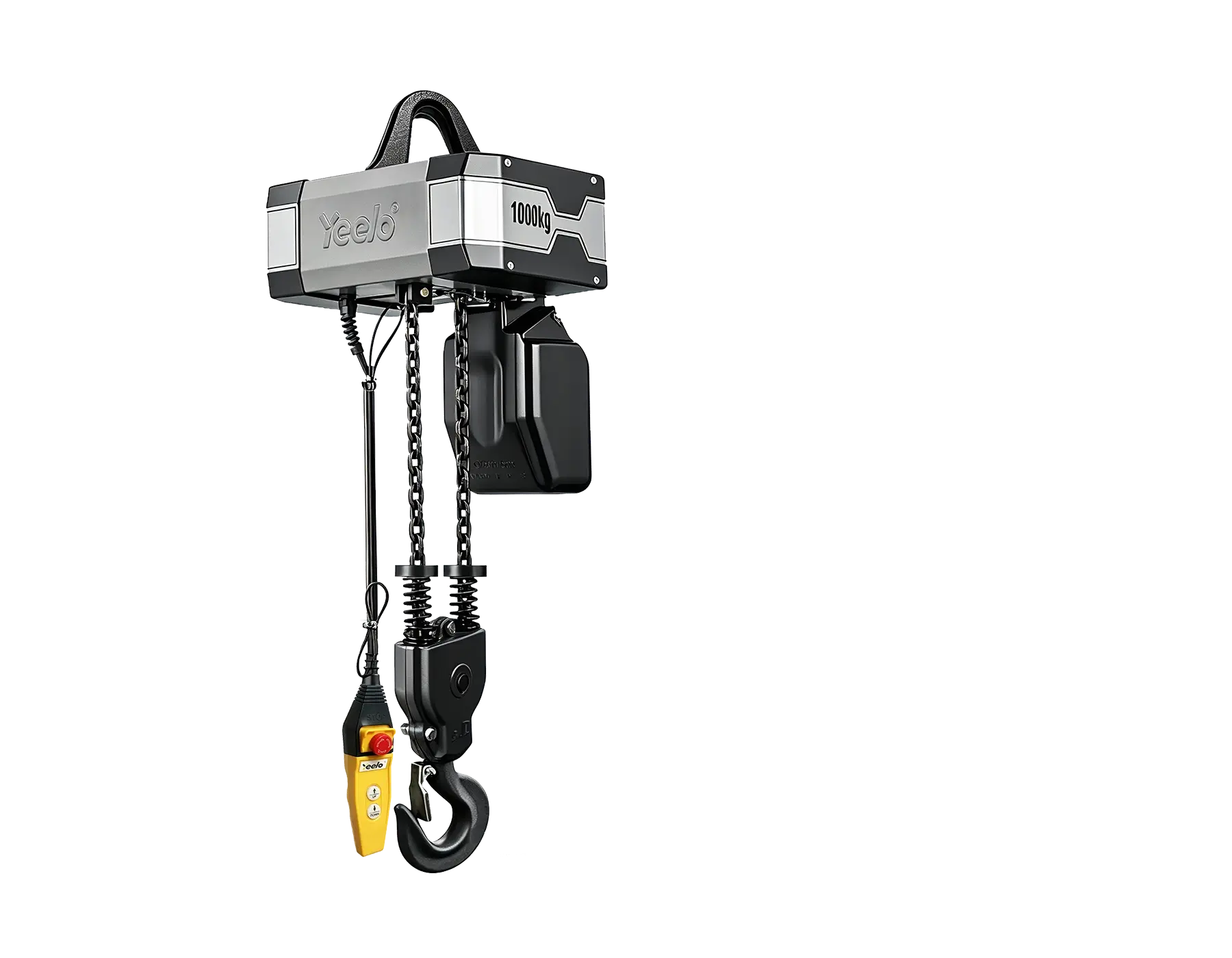 YEELO 1 ton double chain electric hoist featuring heavy-duty G80 manganese steel load chain