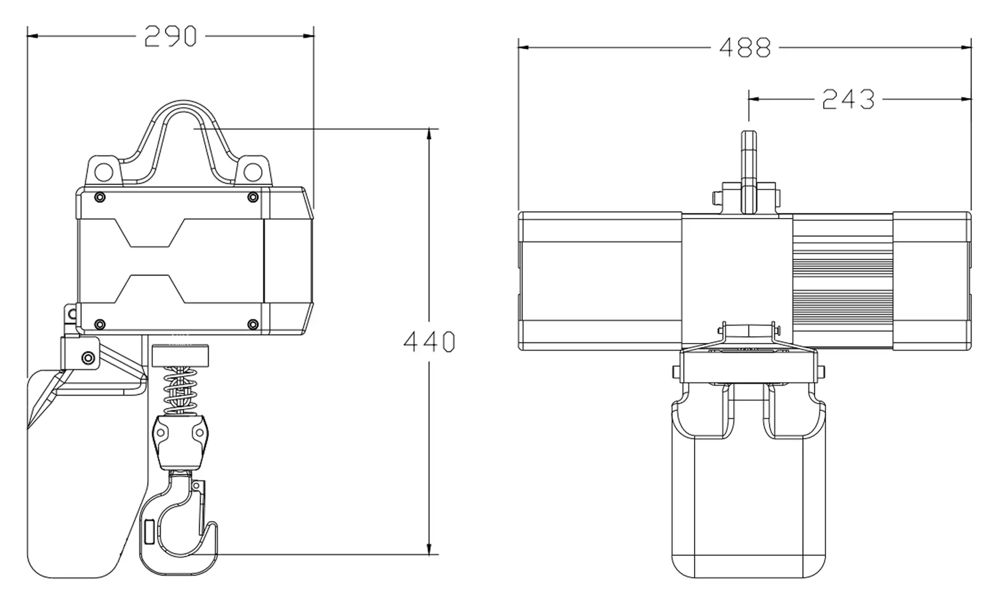 Dimensional drawing of YEELO 1 ton single chain electric hoist featuring G80 manganese steel load chain