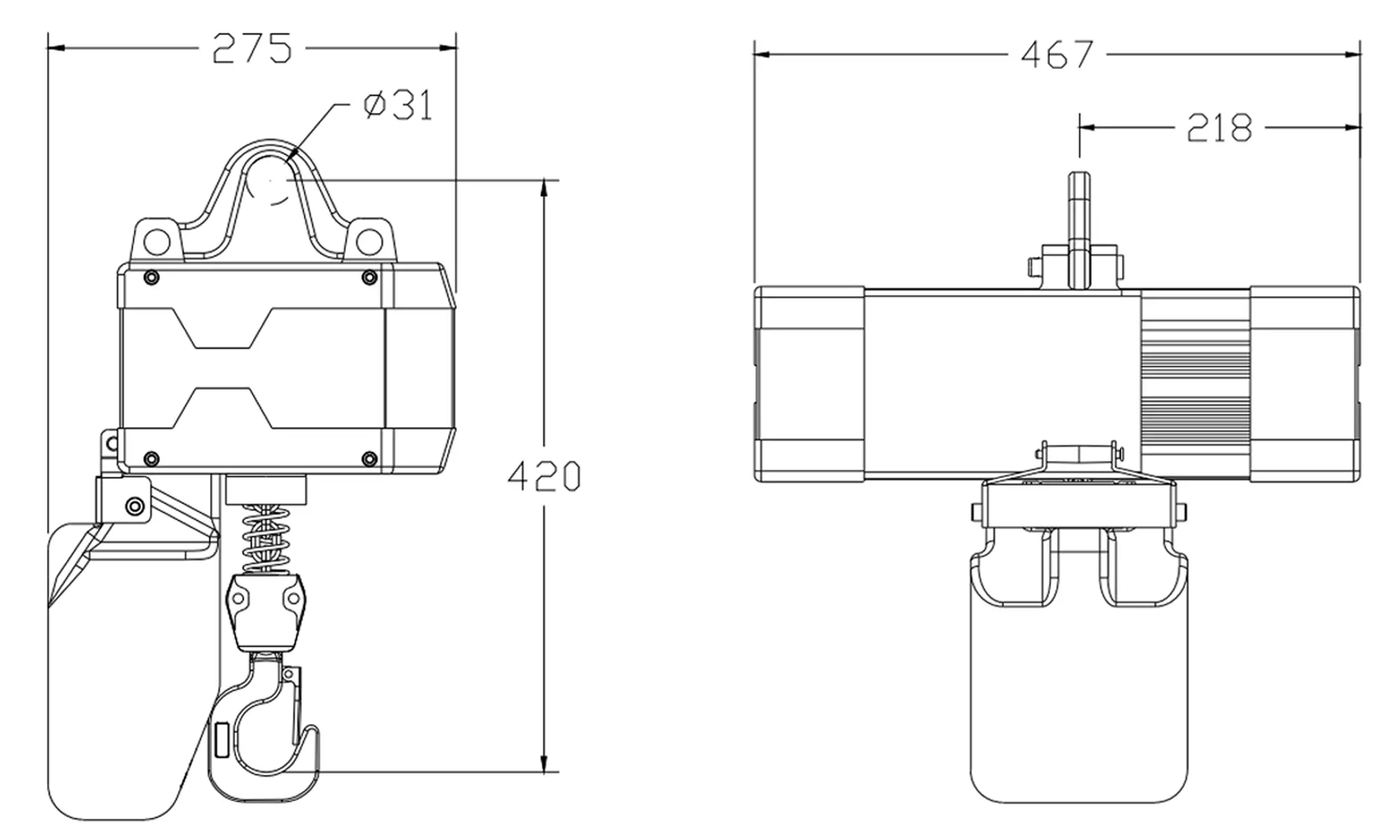 Technical dimensional drawing and clearance specifications for YEELO YJ05 500kg fixed type electric chain hoist