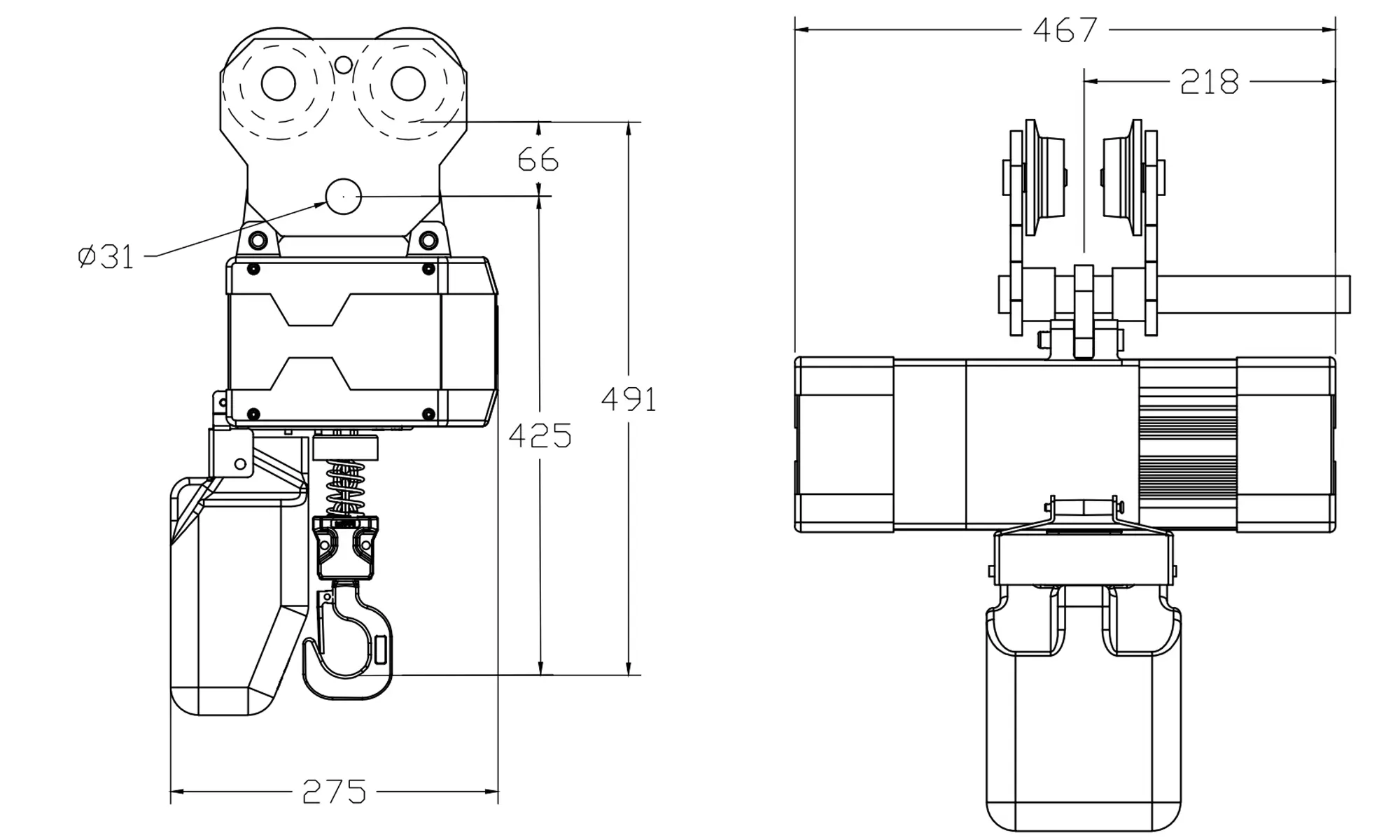 Drawing for 0.5 ton single chain hoist with manual trolley