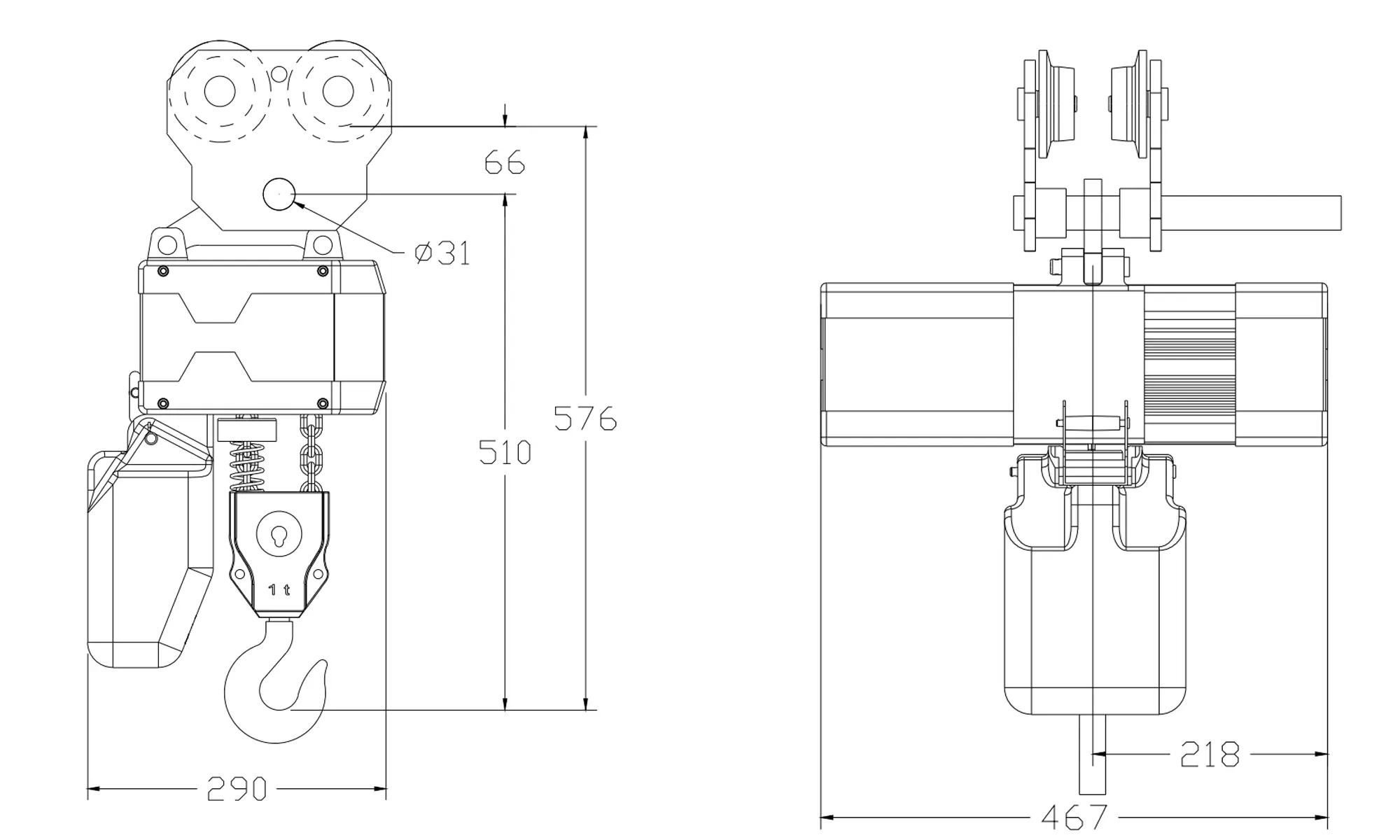 Drawing for 1 ton double chain hoist with manual trolley