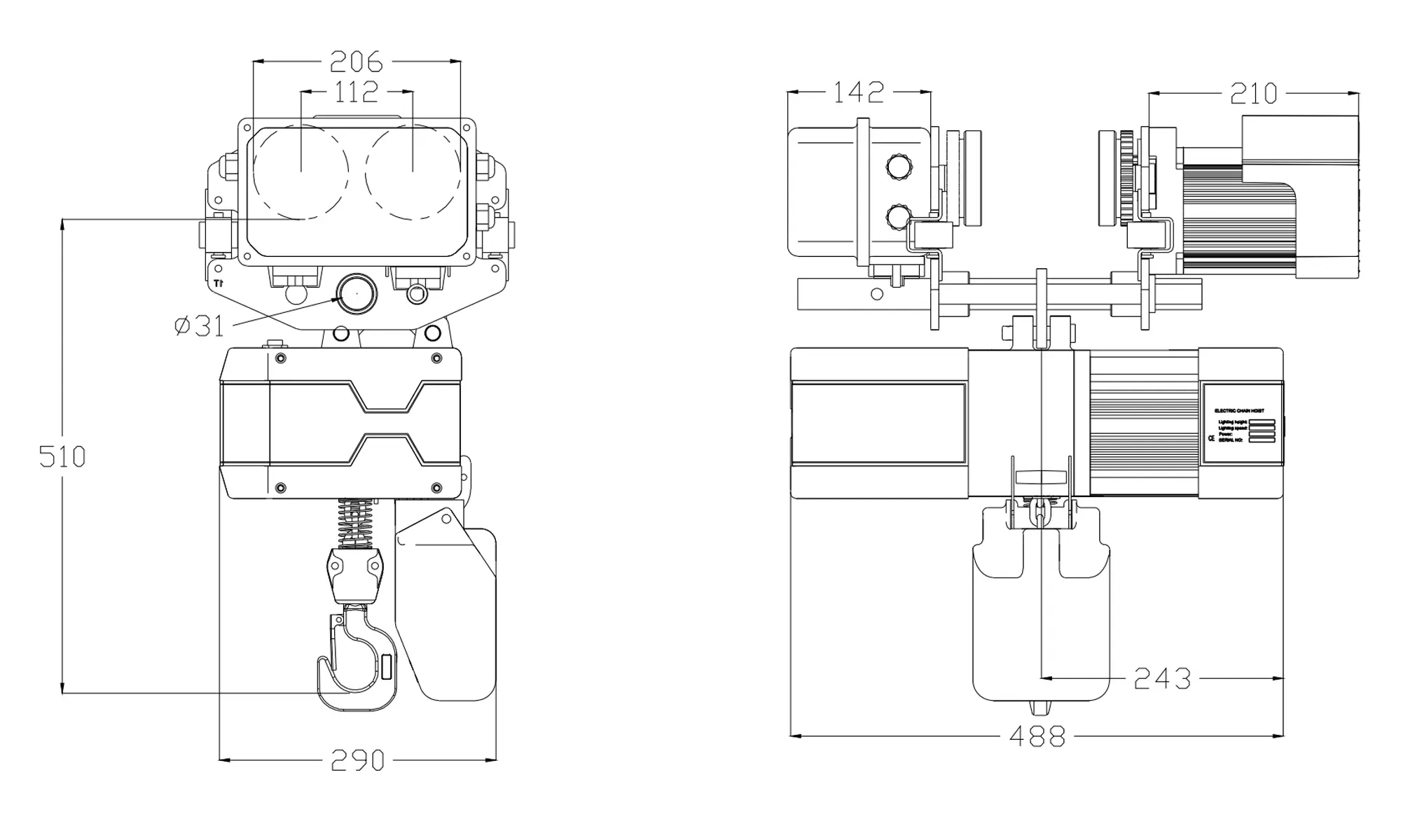 Technical drawing of 1 ton single chain electric hoist with trolley