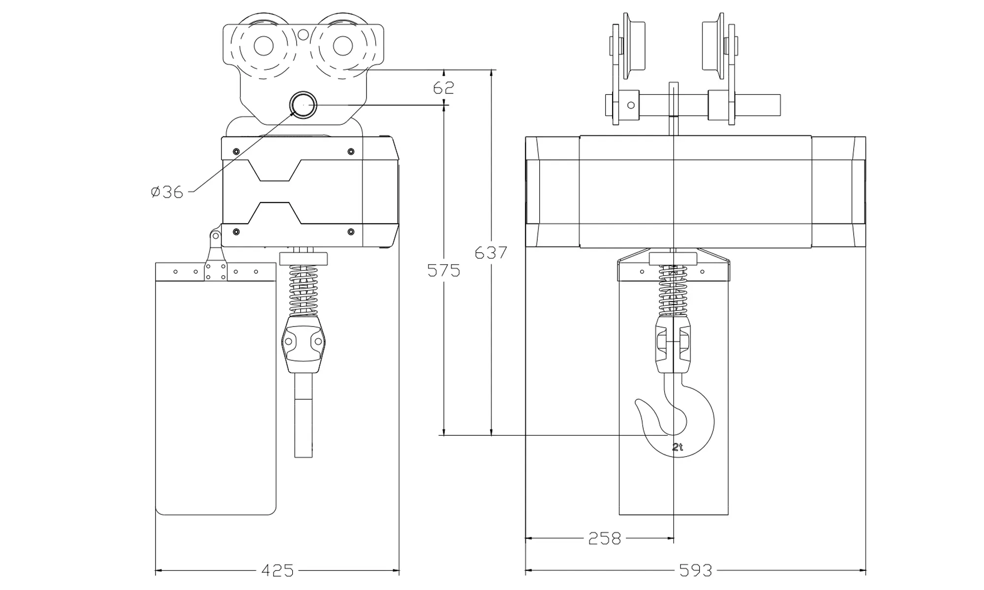 Technical drawing for 2 ton single chain hoist with manual trolley
