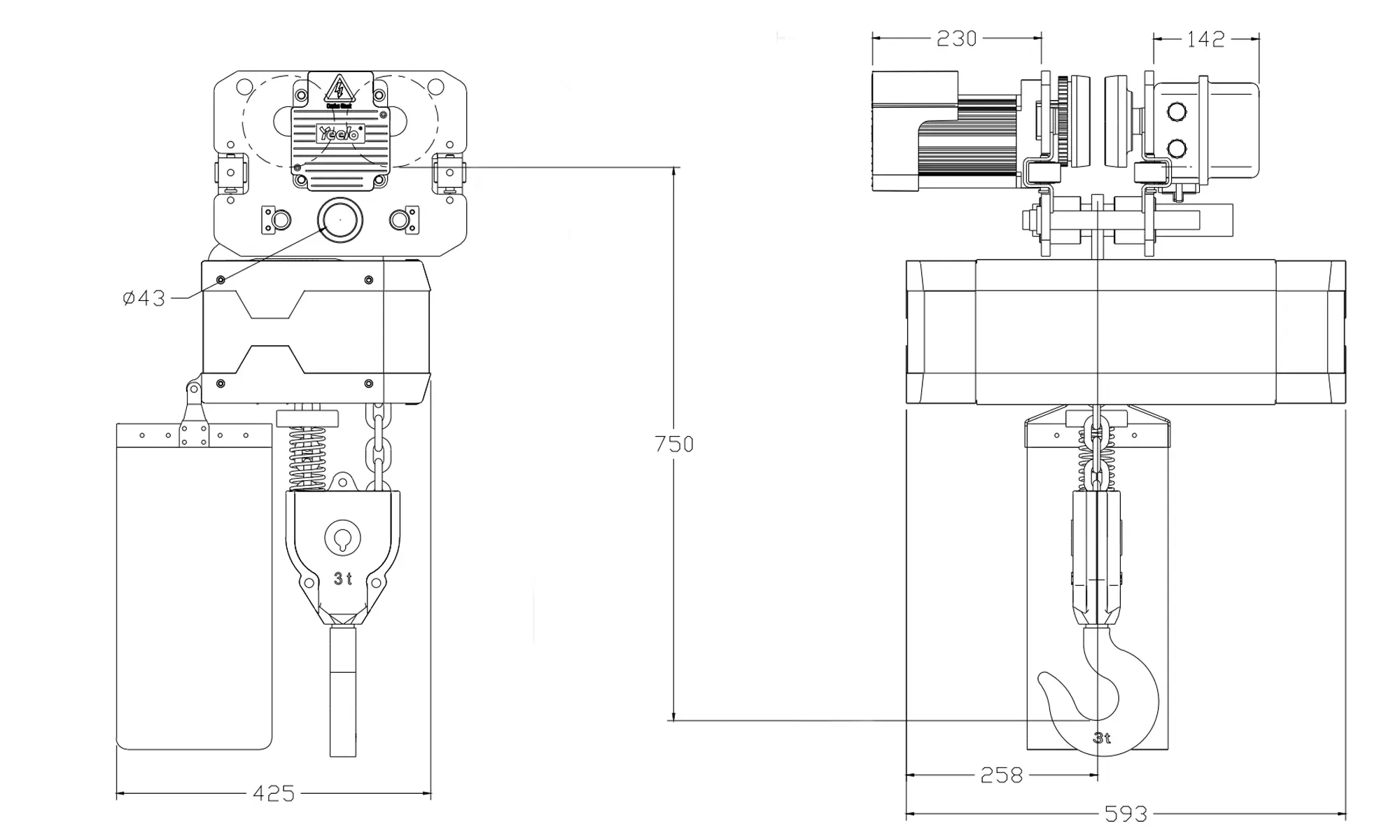 Technical specifications and drawing for 3 ton double chain hoist with trolley