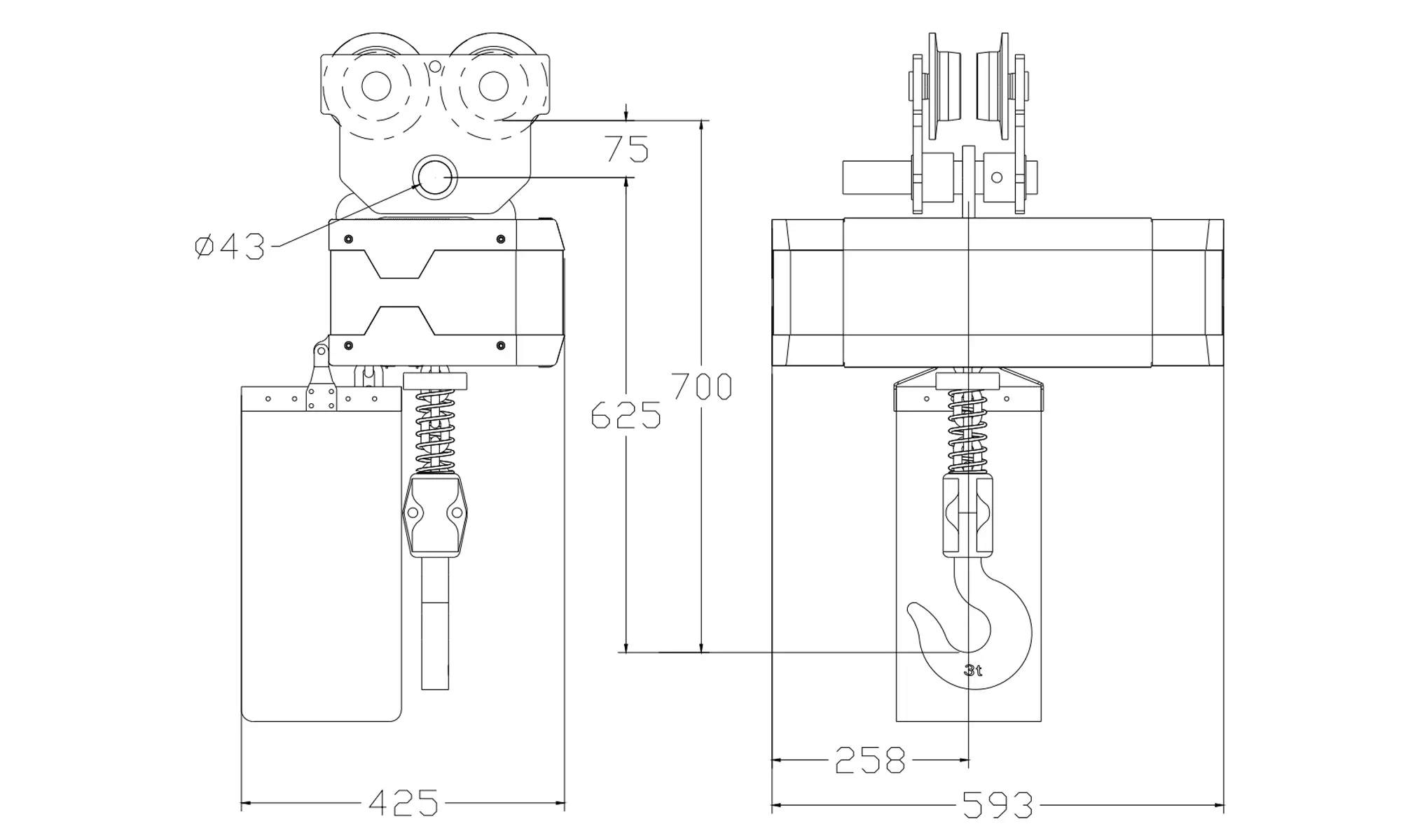 Engineering drawing for 3 ton single chain hoist with manual trolley