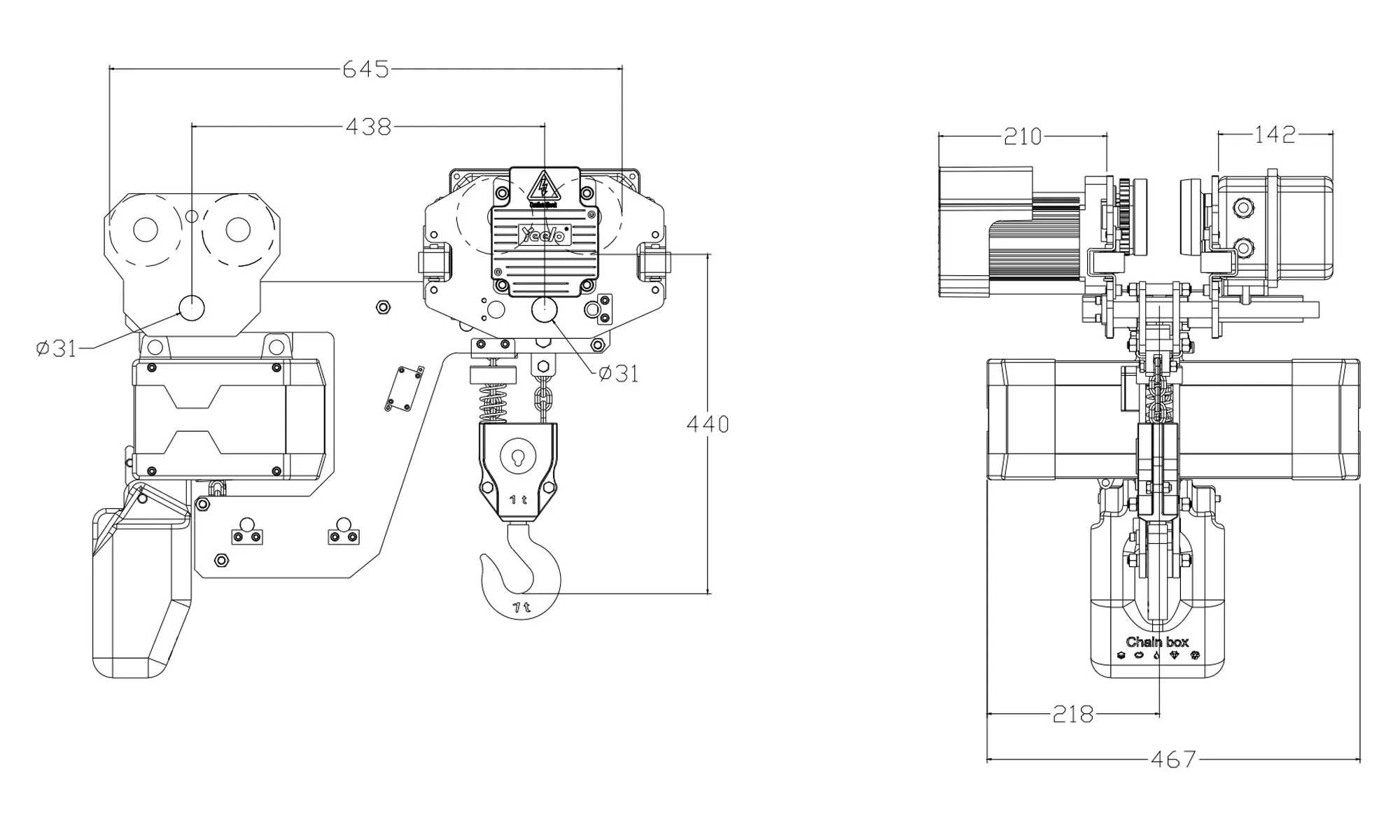 1 ton double chain low headroom electric hoist